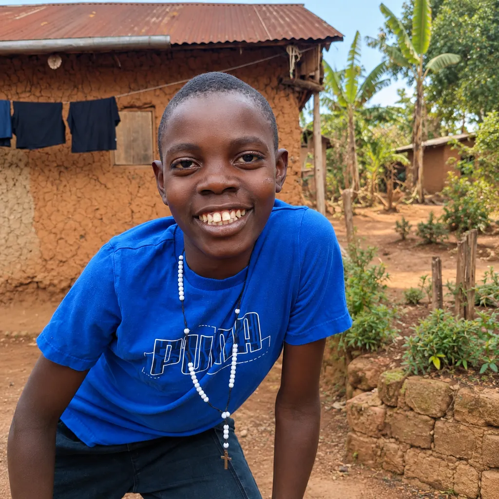 Joseph, smiling in a blue T-shirt in front of a village house