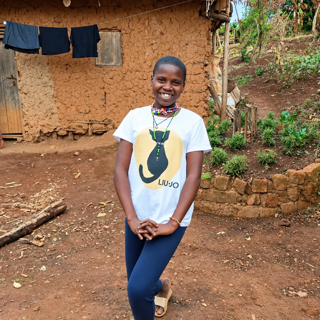 Sylvia, smiling in a white T-shirt in front of a village house