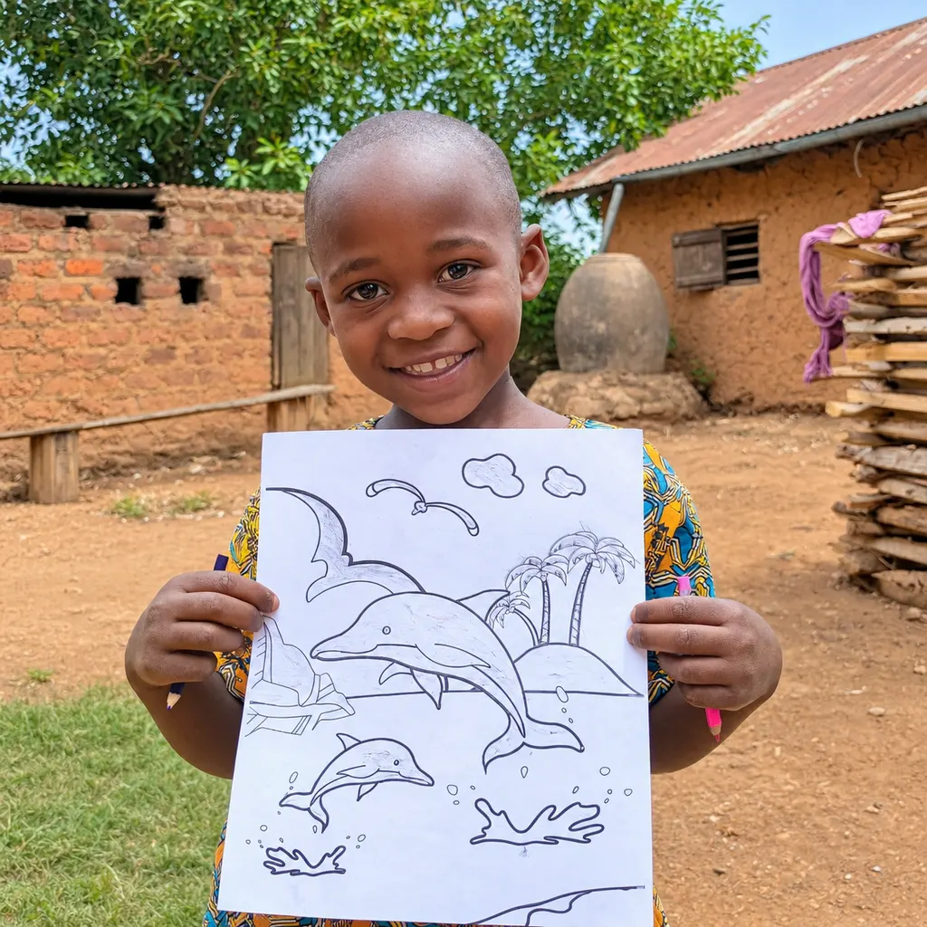 Maria, smiling and holding her dolphin drawing in the village yard